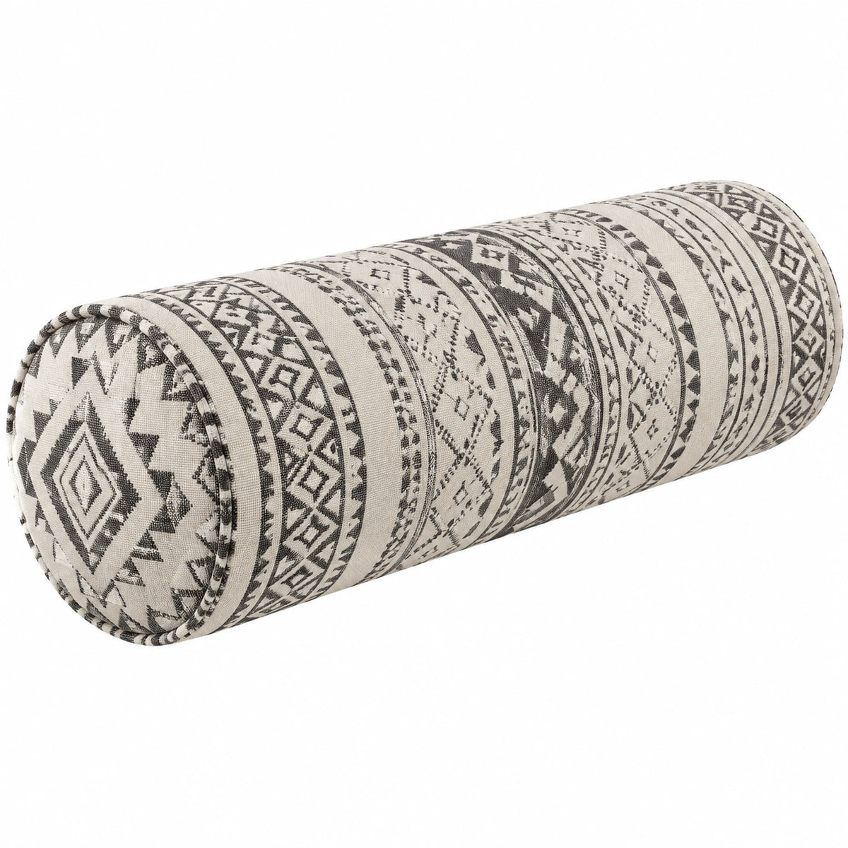 Cuscino cilindrico 60 x 20 cm in tessuto beige e nero con motivo geometrico decorativo