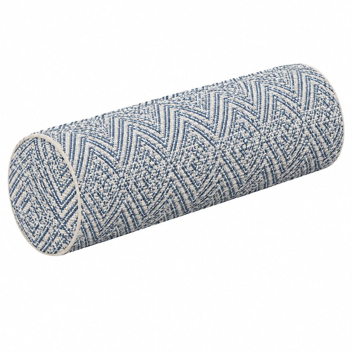 Cuscino cilindrico 15 x 50 cm in tessuto blu e bianco a motivo geometrico decorativo
