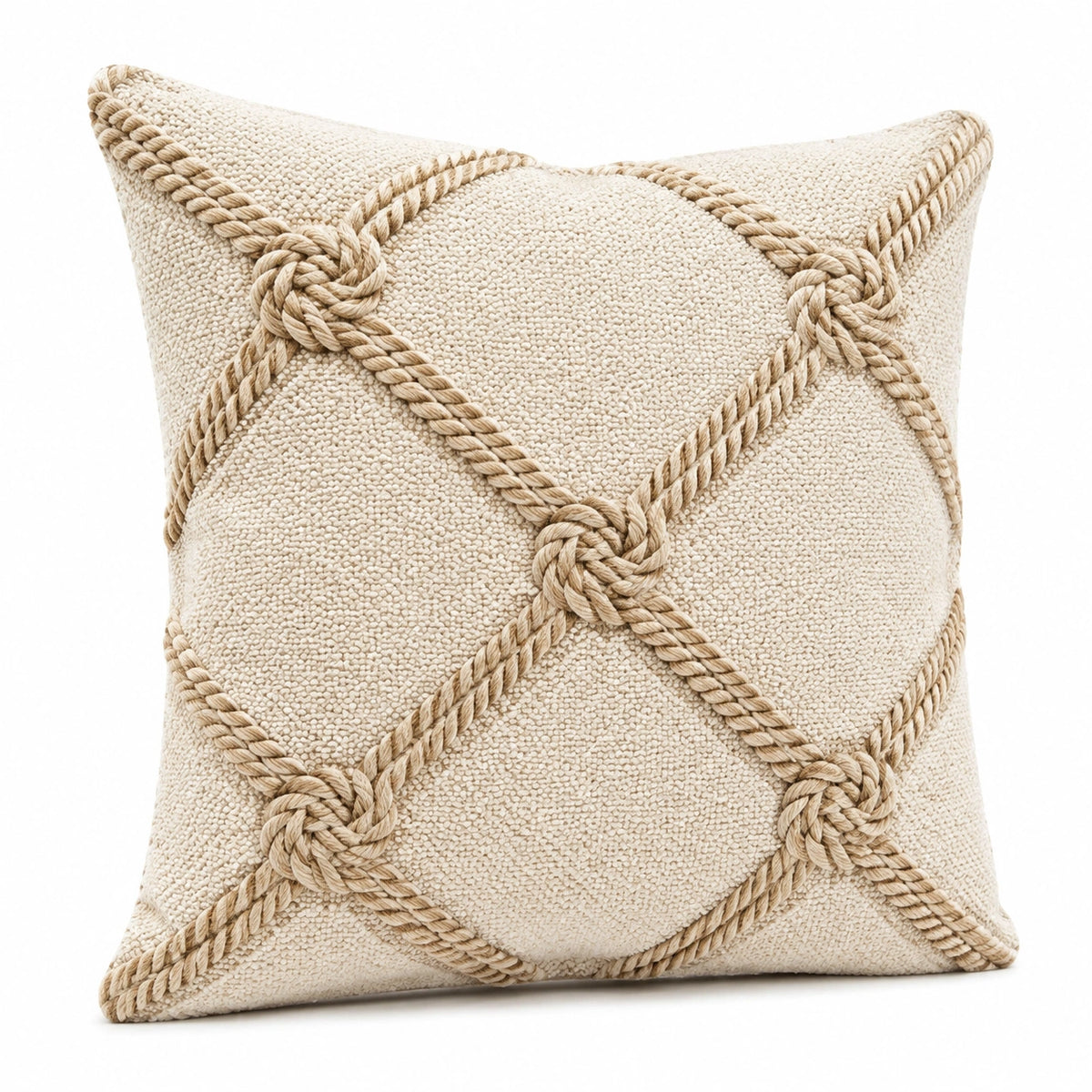 Cuscino decorativo 45 x 45 cm in tessuto beige con corda intrecciata stile nautico