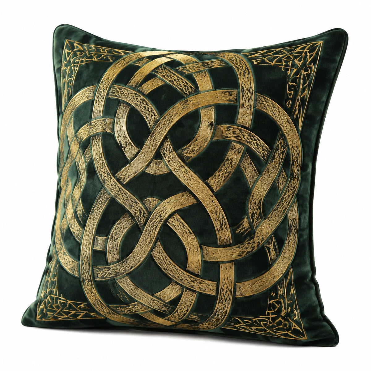 Cuscino decorativo 45 x 45 cm in velluto verde scuro con ricamo dorato intrecciato