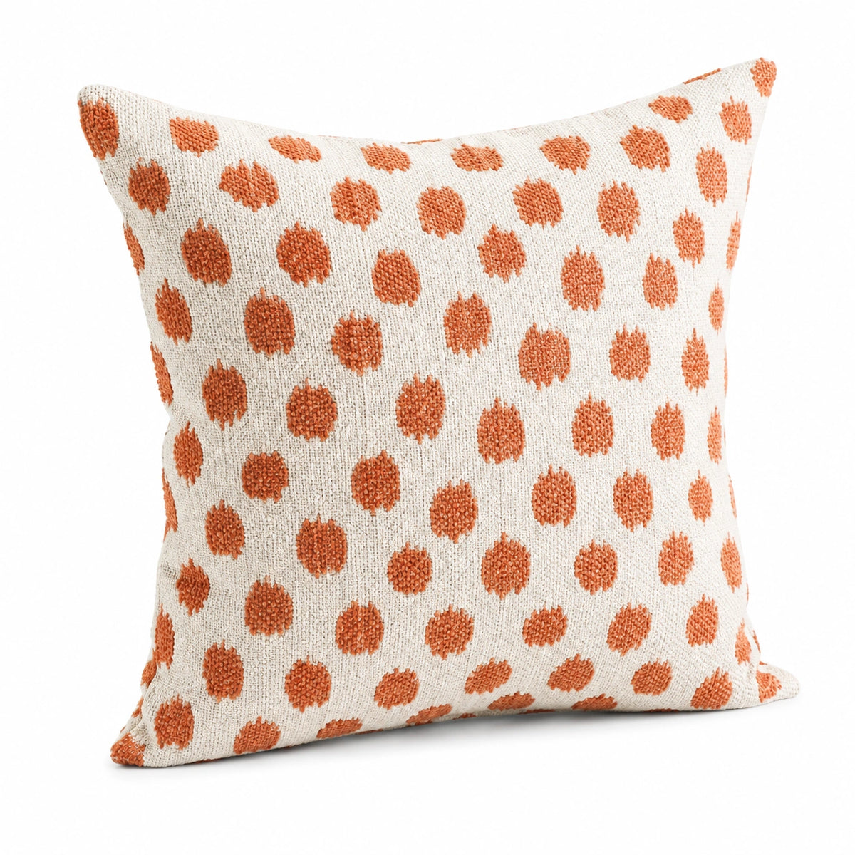 Cuscino decorativo 45 x 45 cm in tessuto panna e terracotta a pois con texture bouclé