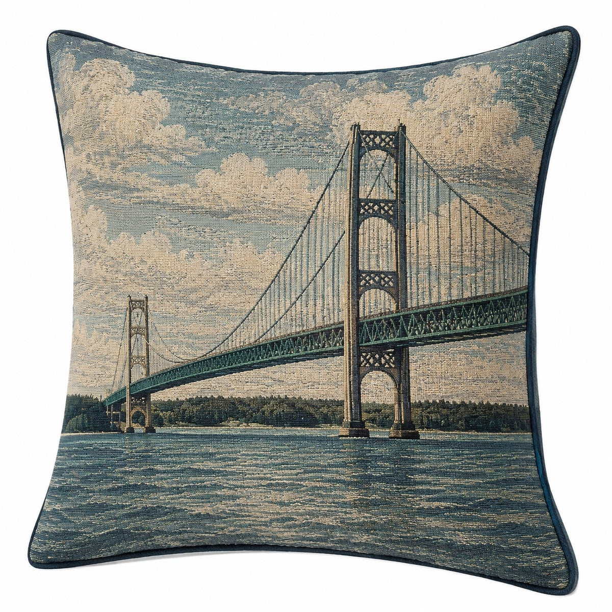 Cuscino decorativo 45 x 45 cm in tessuto blu petrolio e beige con ponte stile vintage