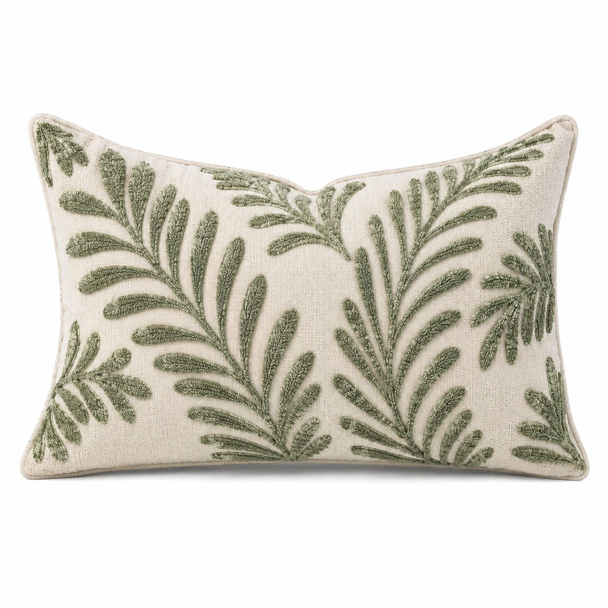 Cuscino decorativo 50 x 35 cm in tessuto beige e verde con ricamo botanico - stile naturale