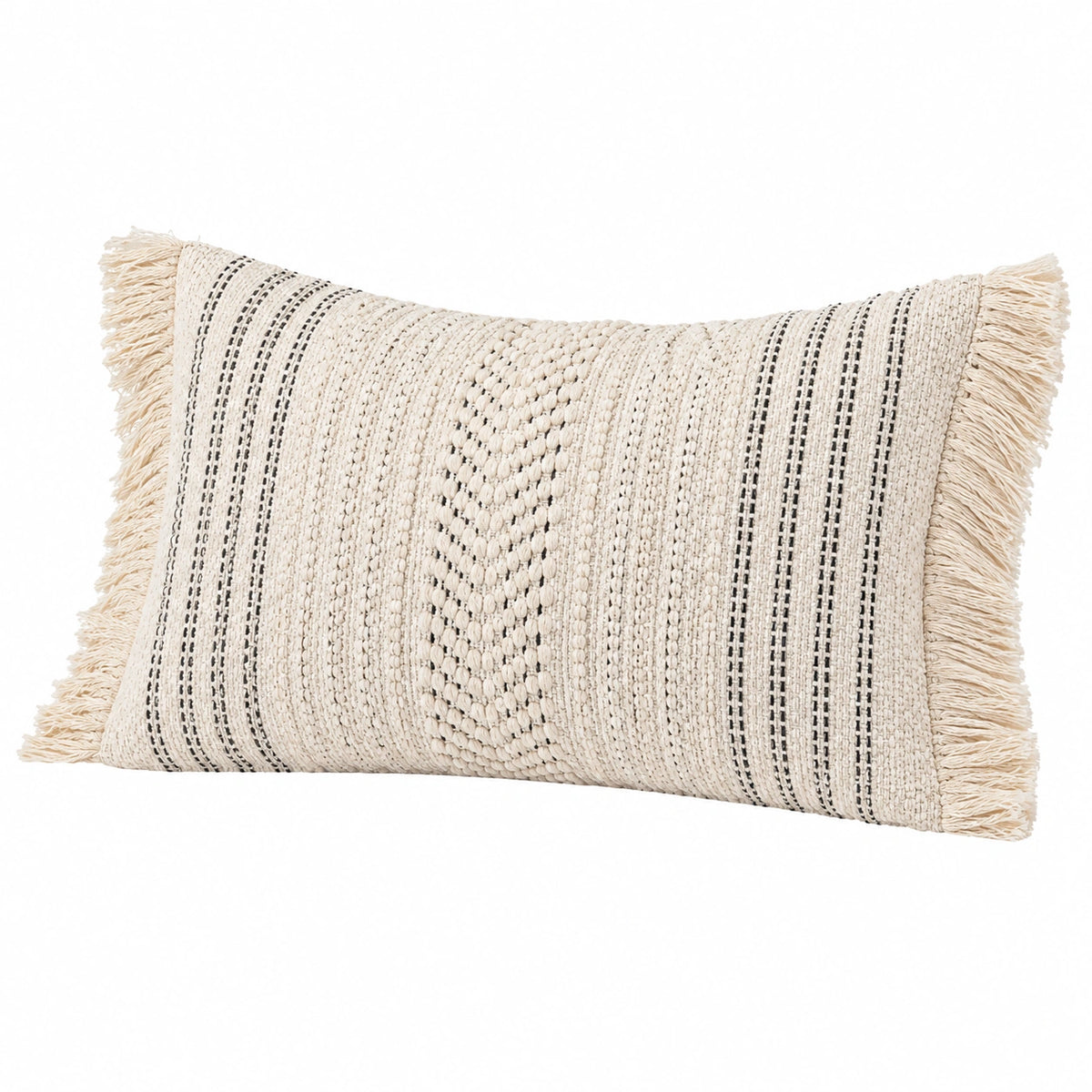 Cuscino decorativo 50 x 30 cm in tessuto beige e nero - stile boho con frange
