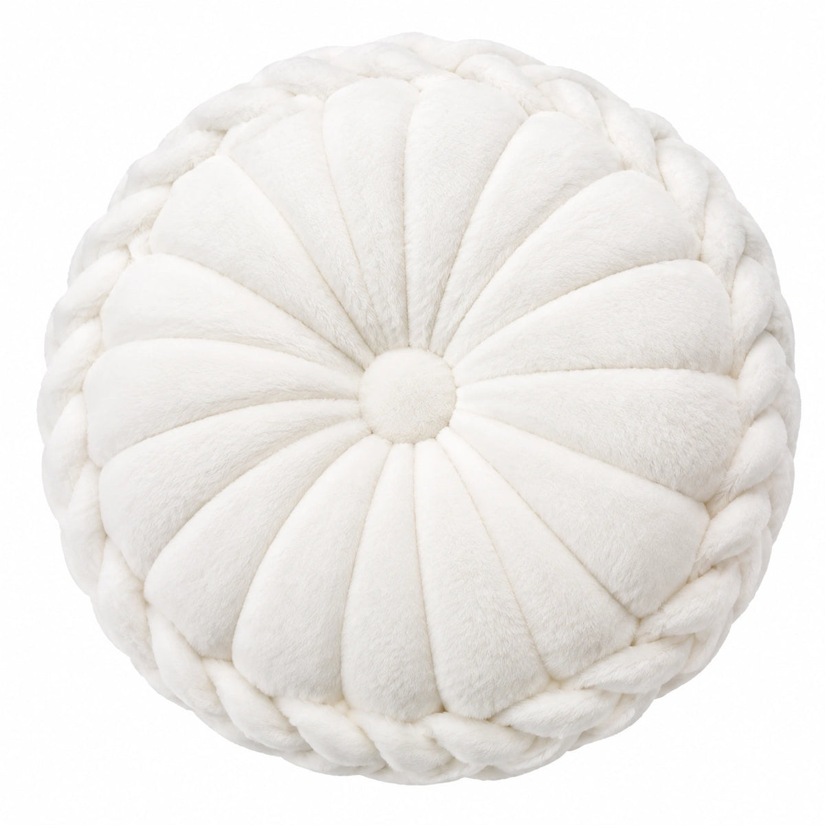 Cuscino rotondo decorativo diametro 40 cm in pelliccia sintetica bianco con motivo floreale