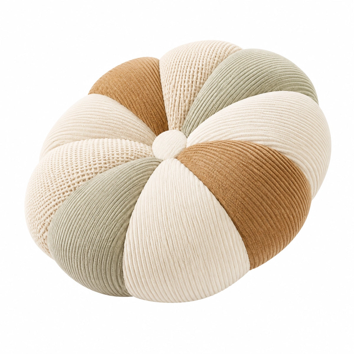 Cuscino decorativo rotondo 45 cm in tessuto a coste beige verde salvia e marrone stile floreale