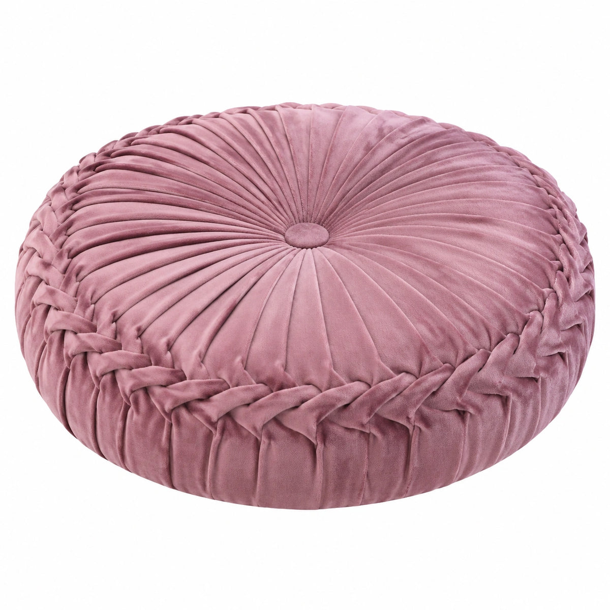 Cuscino rotondo 60 cm in velluto rosa con plissettatura decorativa